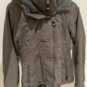 bench jacket with fuzzy hood piece